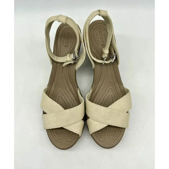 Crocs Leigh II Cross Strap Ankle Wedge Sandals Womens Size 10 Beige Shoes 204950 - Picture 4 of 12